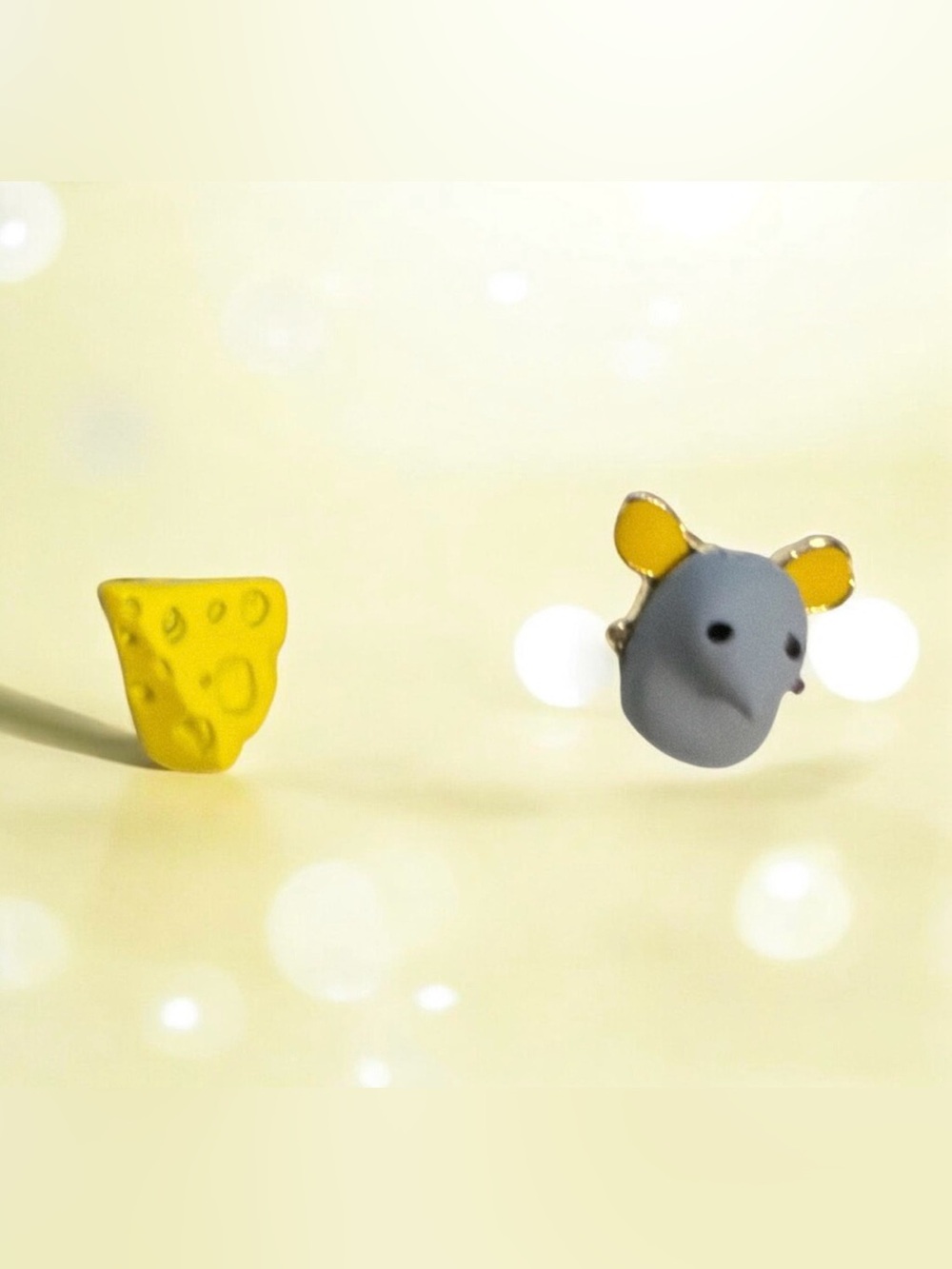 Mouse and Cheese Stud Earrings Funny Food Posts Asymmetrical NEW